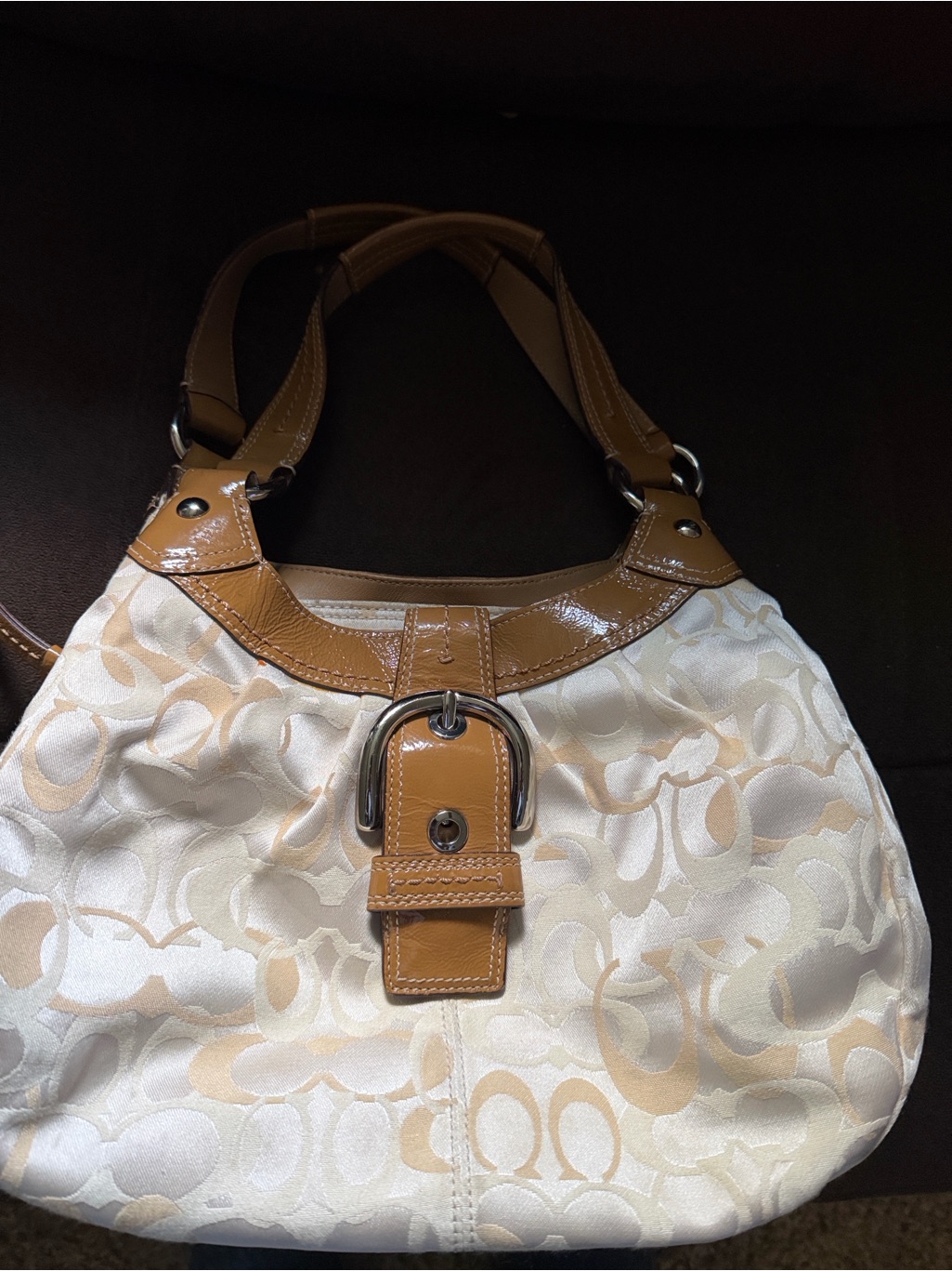 Coach Cream And Tan Shoulder Hobo With Buckle Accent